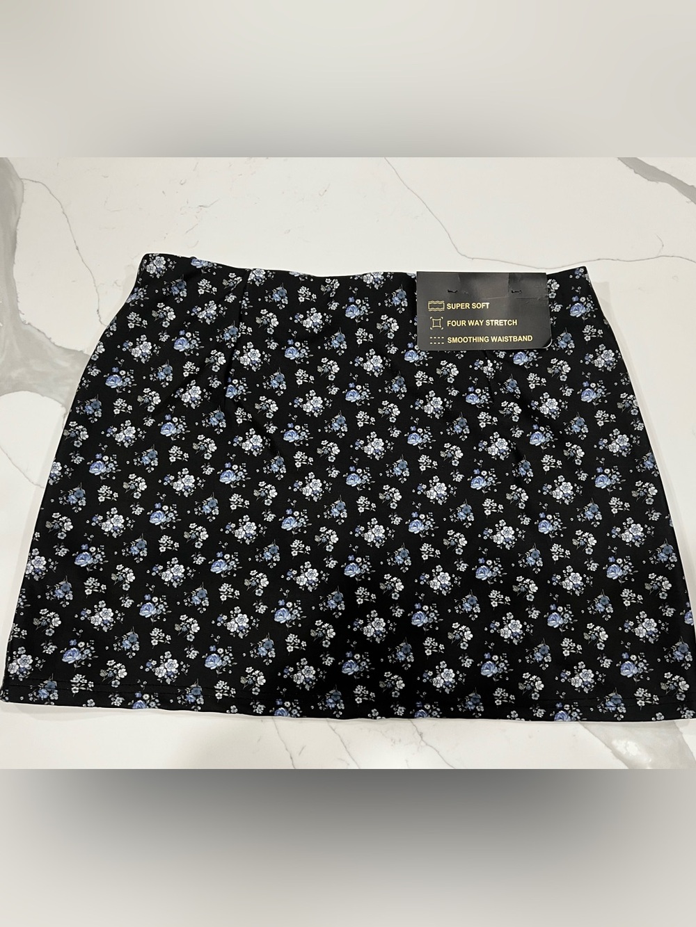 Black Mini Skirt with Blue Floral Print and Smoothing Waistband
